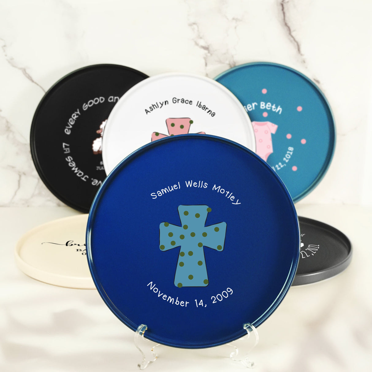 a group of plates with a cross on them