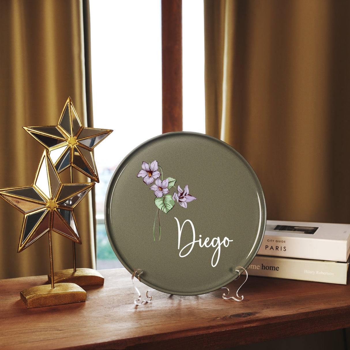 a wooden table topped with a star and a plaque