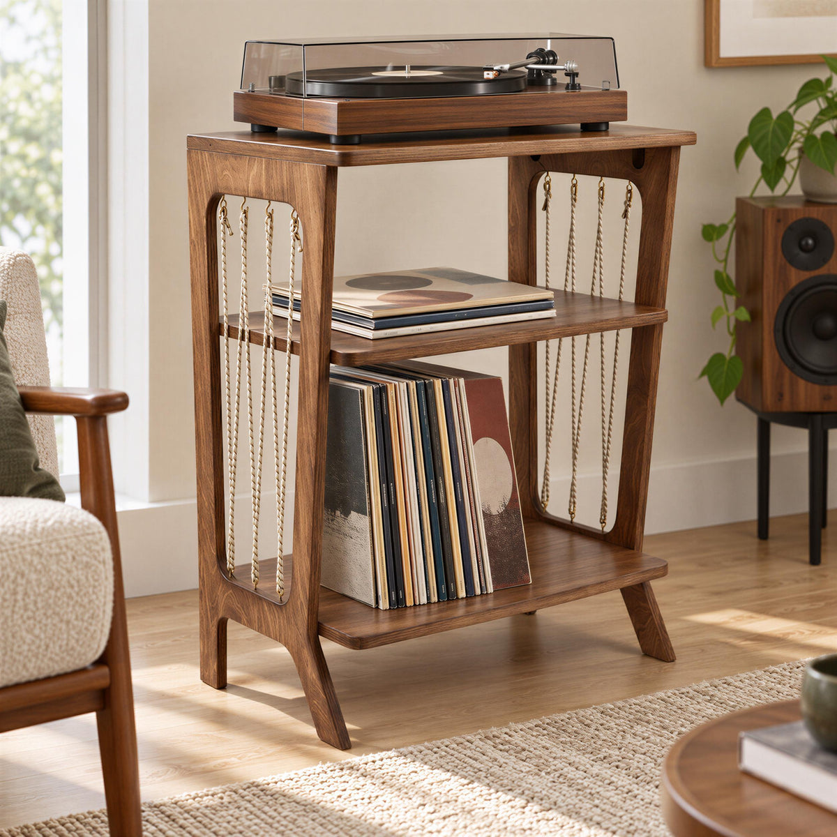 Vinyl Record Storage Console with Turntable Shelf | Wooden Stand with Rope Details