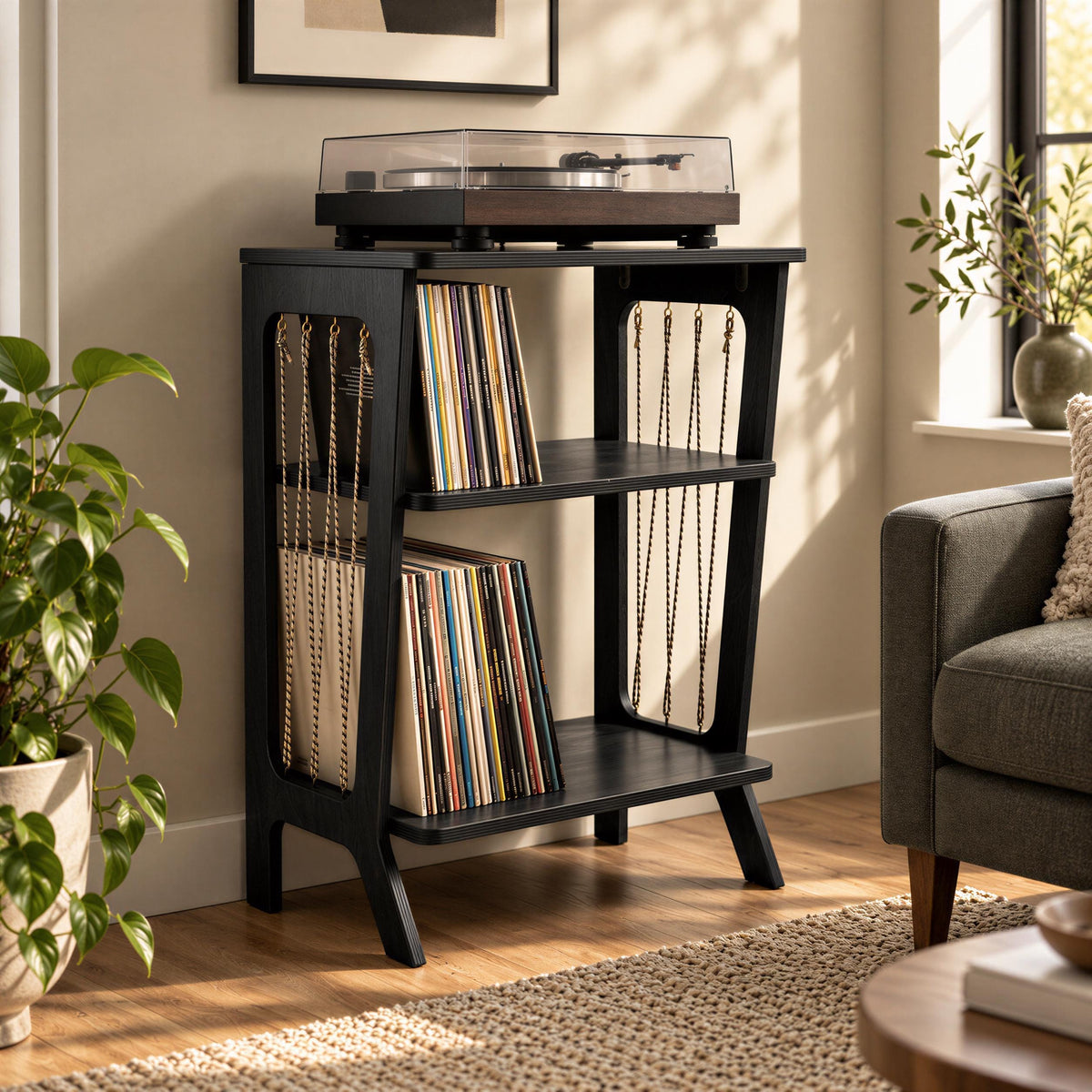 Vinyl Record Storage Shelf with Rope Accents | Wooden Turntable Console