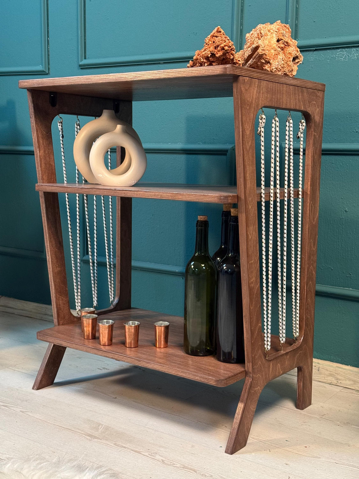 Vinyl Record Storage Shelf with Rope Accents | Wooden Turntable Console