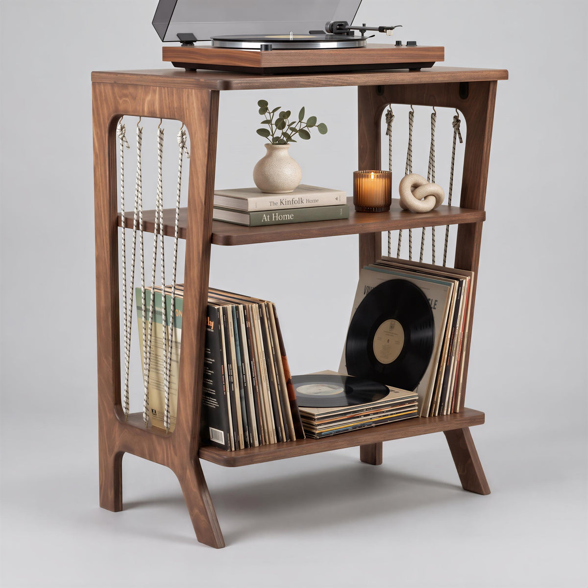 Vinyl Record Storage Shelf with Rope Accents | Wooden Turntable Console