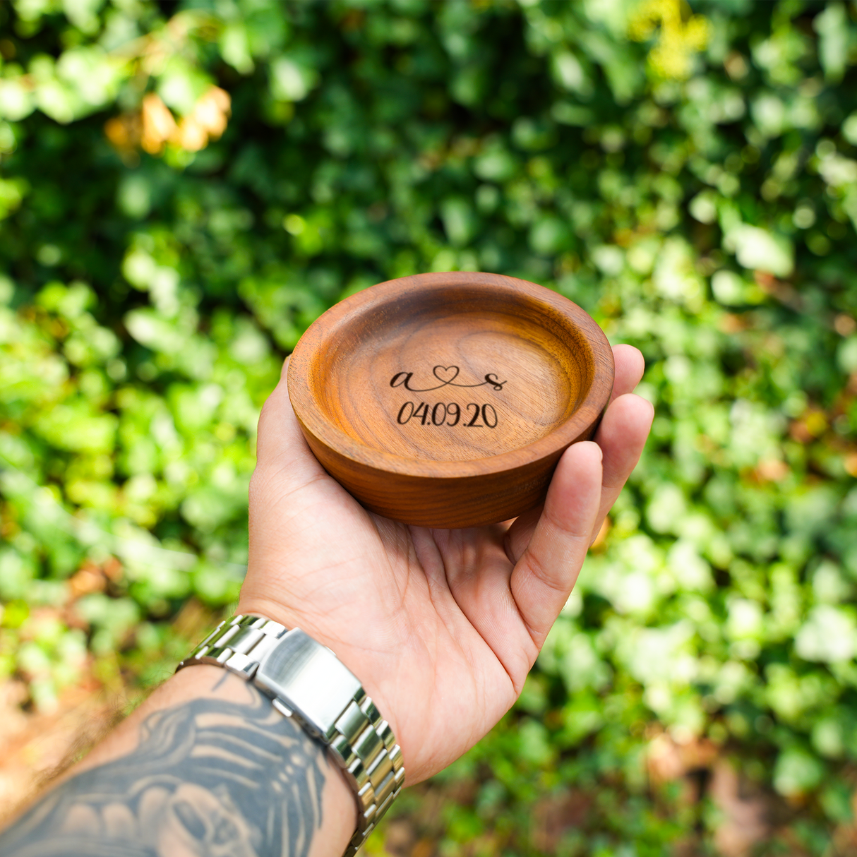 Custom Ring Dish for Wedding Ceremony: Engraved Wooden Plate for Ring Bearer
