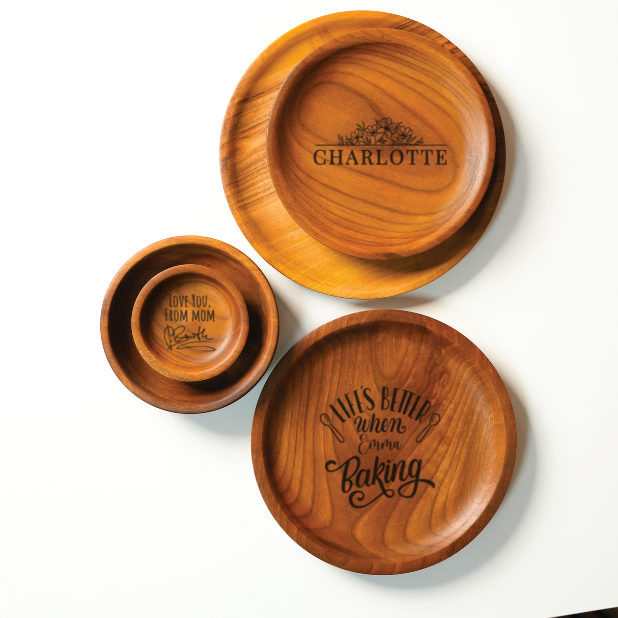 Wooden Kitchen Plate Set: Medium Round Serving Trays, Mom Christmas Gift