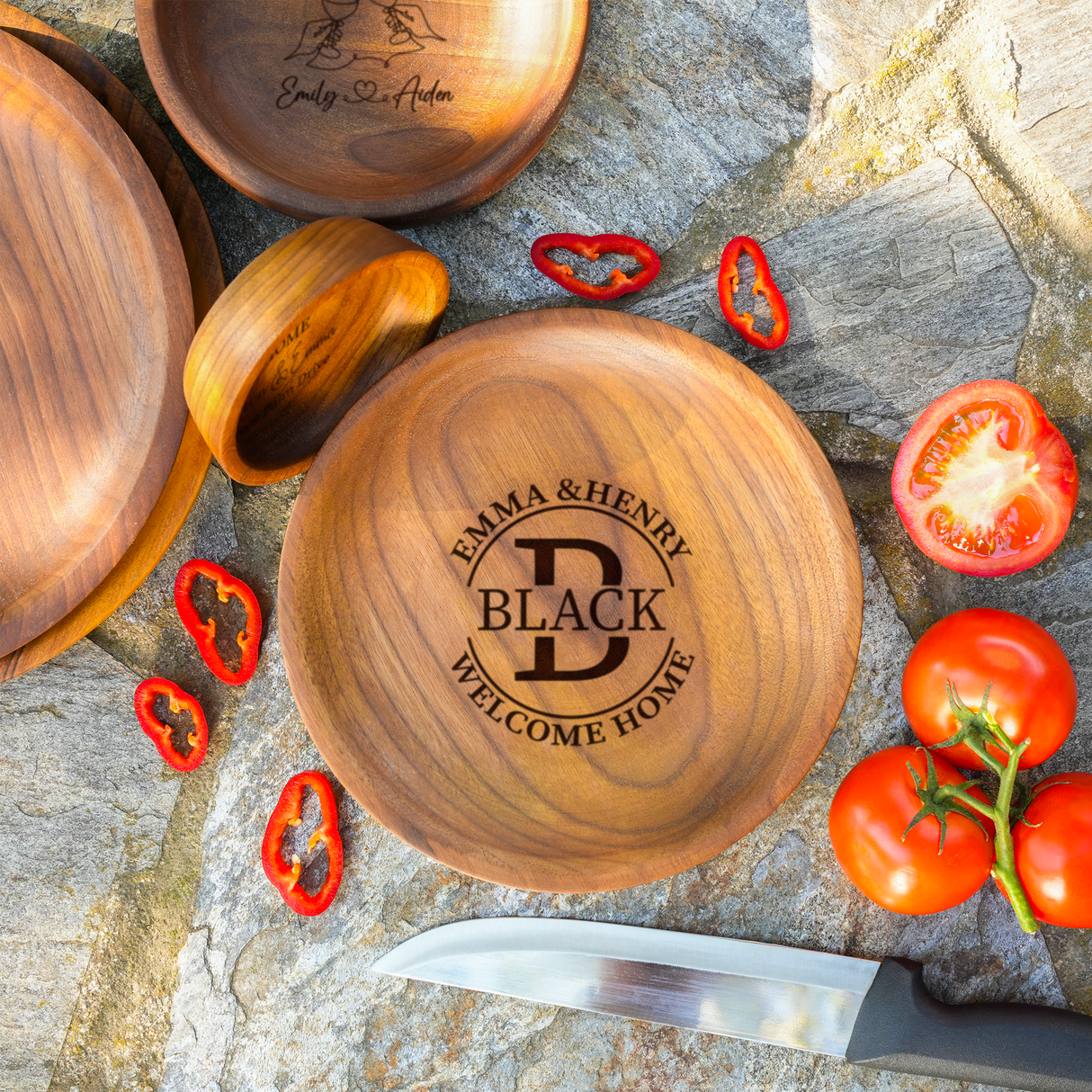 Wooden Plate Set: Custom Engraved Catchall Trays, Rustic Housewarming Gift for Couples