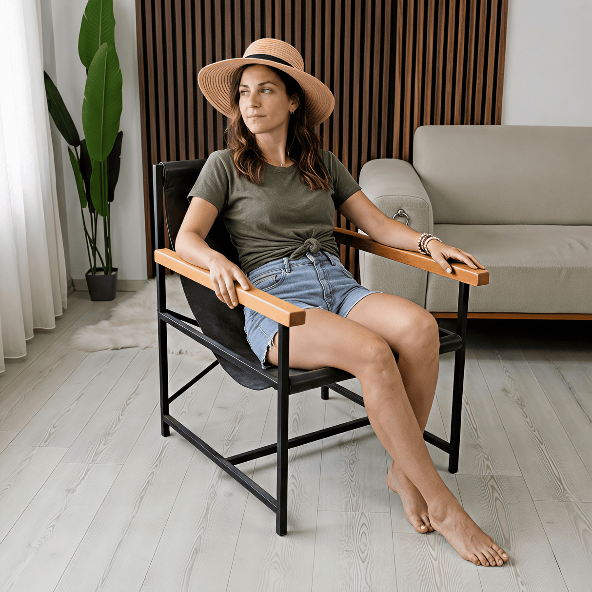 Vintage Brown Genuine Leather Lounge Chair, Mid-Century Modern Home Furniture