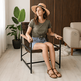 Leather Sling Chair with Wooden Arms, Handmade Lounge Armchair for Reading Nook