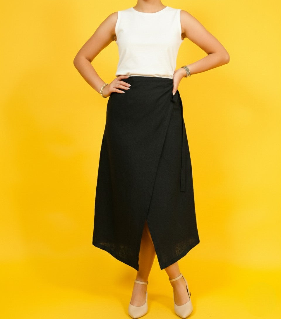 Front Slit Linen Skirt: Tie Waist Midi Wrap Skirt for Women