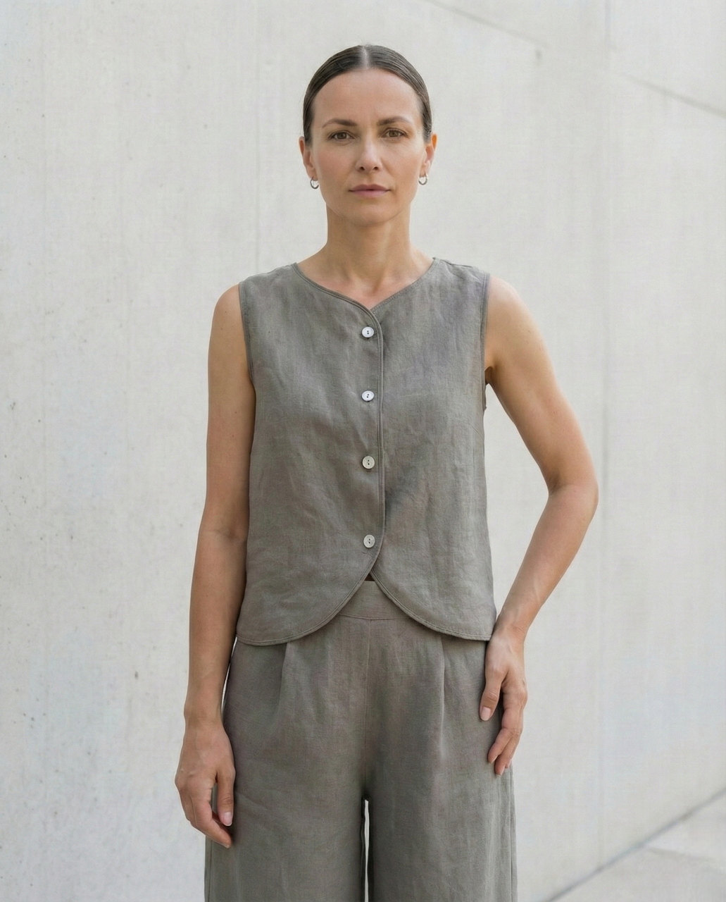 Sleeveless Linen Vest Top with Buttons: Cropped Womens Clothing