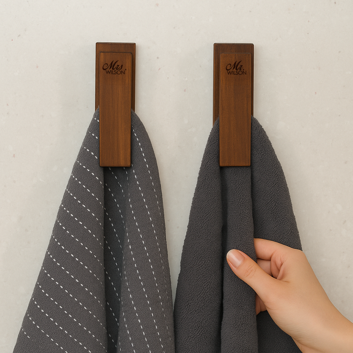 Wooden Wall Mount Hand Towel Holder: Midcentury Modern Bathroom Hooks, Housewarming Gift for Couples