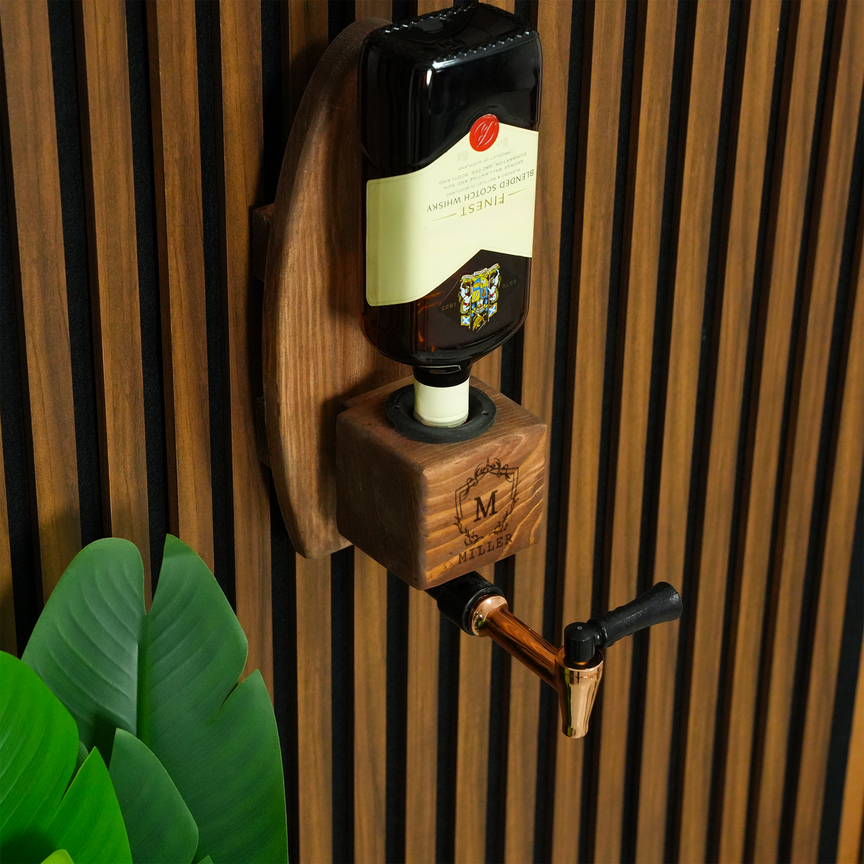 Rustic Wood Wall Bar with Whiskey Decanter: Personalized Drink Station for Home Bar Display
