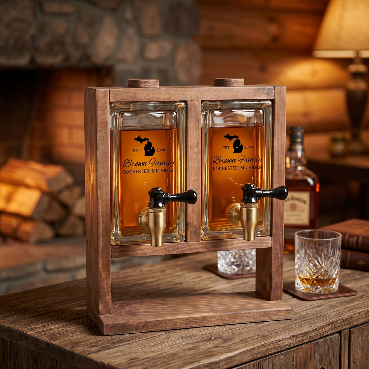 Personalized Glass Whiskey Dispenser with Wooden Stand | Home Bar Accessory