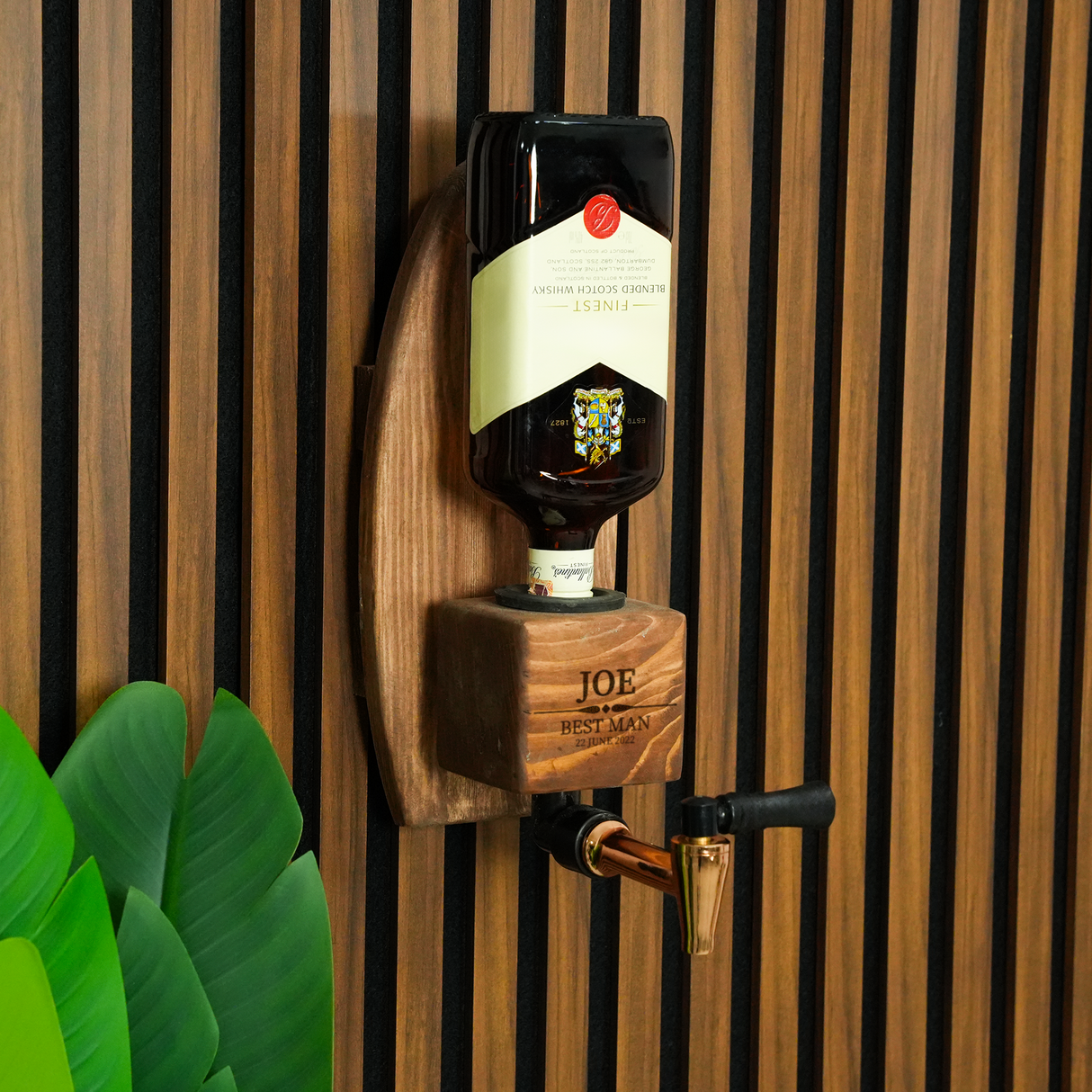 Engraved Wall Mount Whiskey Decanter: Custom Engraved Wooden Stand for Groomsmen Proposal