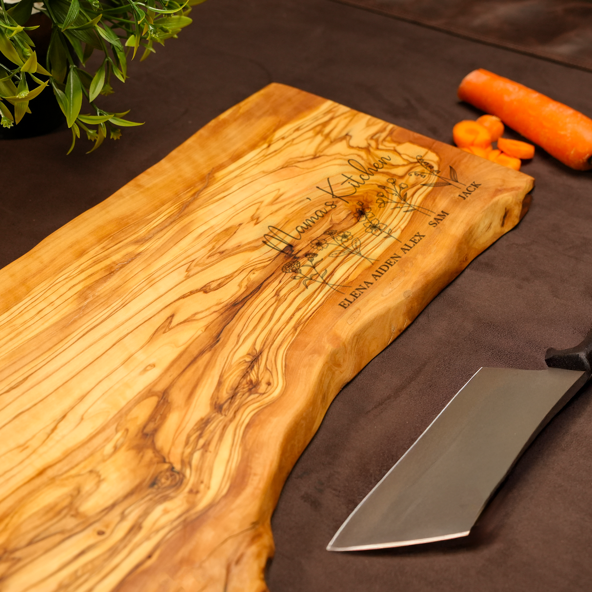 Grandma’s Garden Engraved Olive Wood Board: Live Edge Design with Grandkids Names