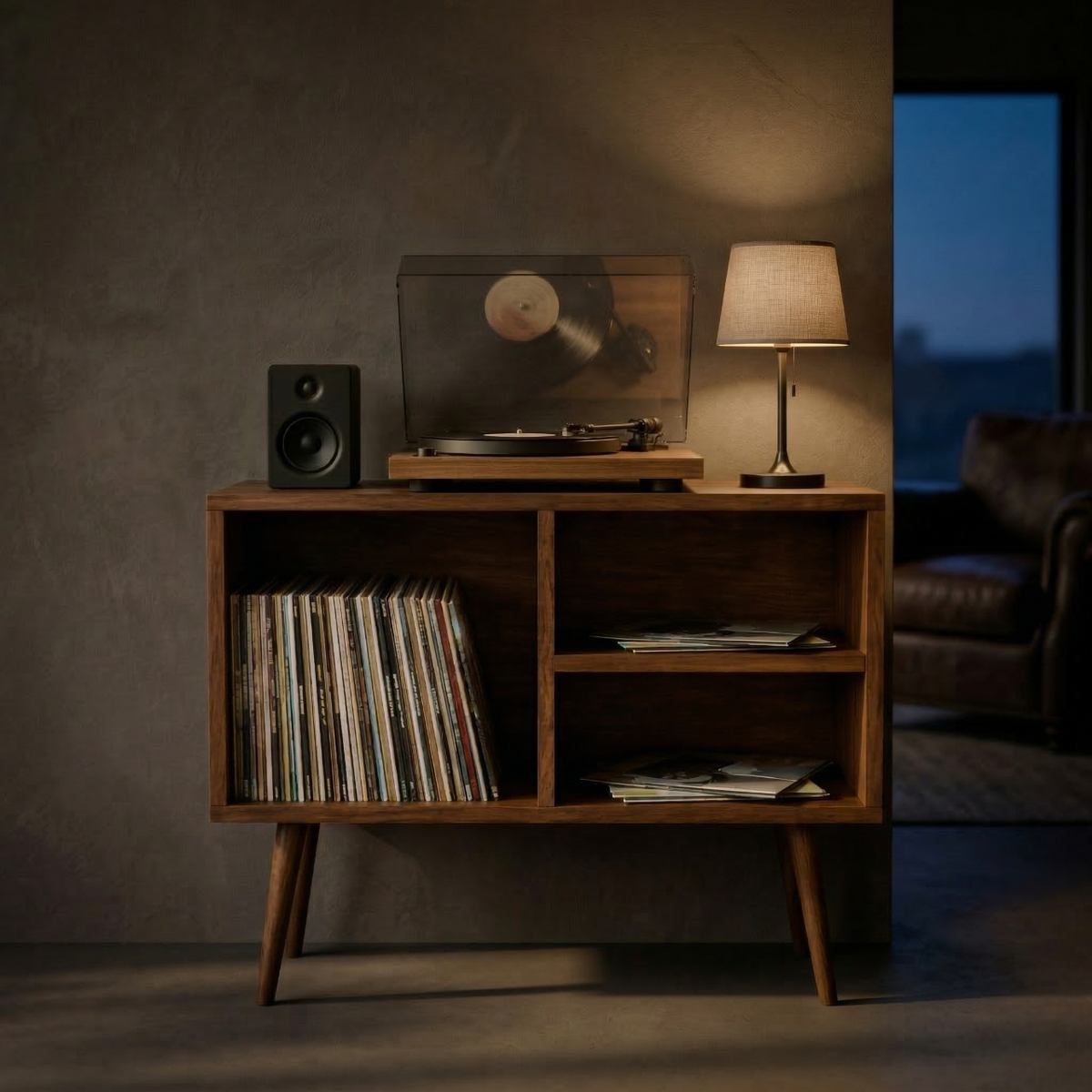 Mid-Century Record Player Stand with Vinyl Storage | Wooden Console Cabinet