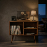 Mid-Century Record Player Stand with Vinyl Storage | Wooden Console Cabinet