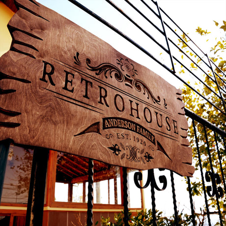 a wooden sign hanging from the side of a metal fence