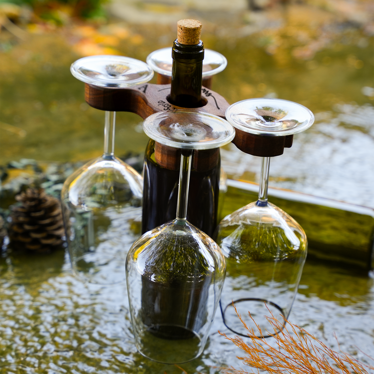 Personalized Walnut Wine Glass Holder: Rustic Engraved Wine Caddy for Couples Home Bar