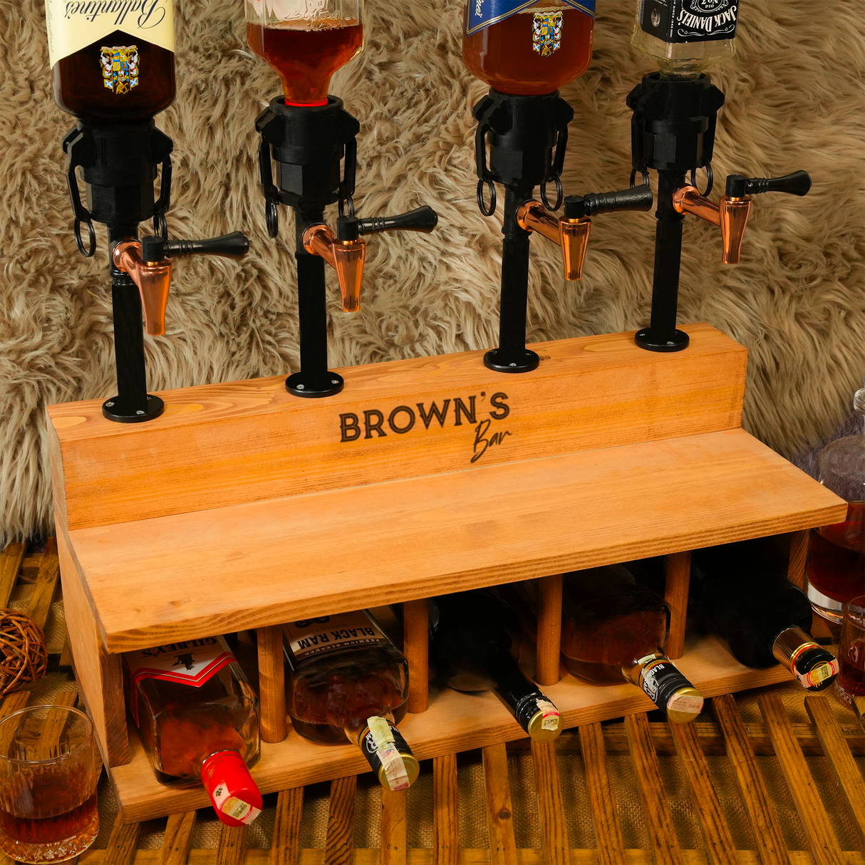 Industrial Pipe Whiskey Fountain with Custom Wooden Stand: Rustic Bar Gift for Couples