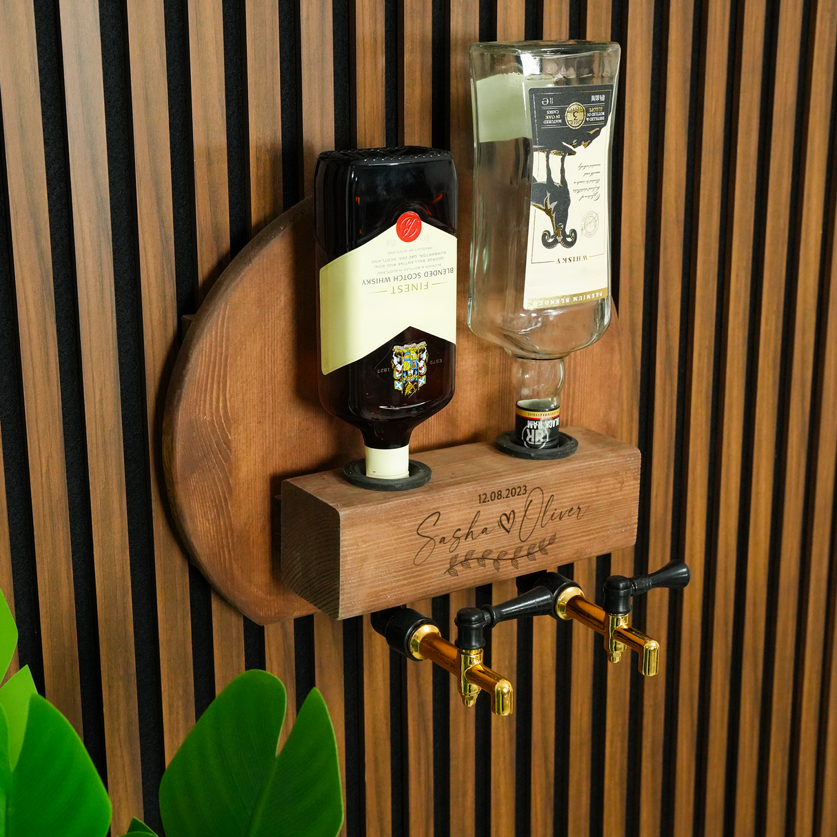 Personalized Liquor Dispenser with Tap: Wooden Whiskey Stand for Rustic Bar Decor