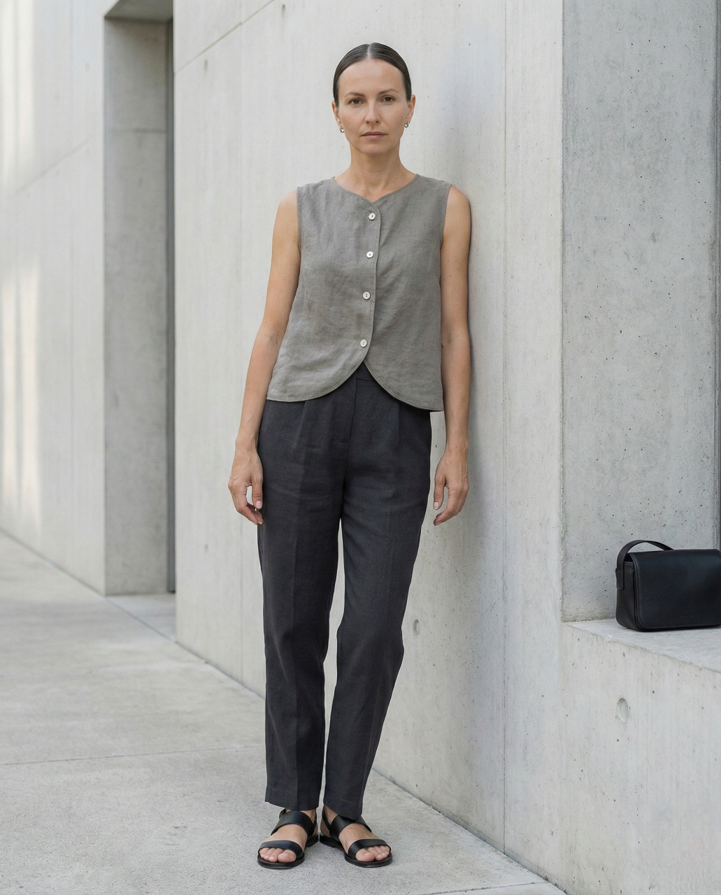 Sleeveless Linen Vest Top with Buttons: Cropped Womens Clothing