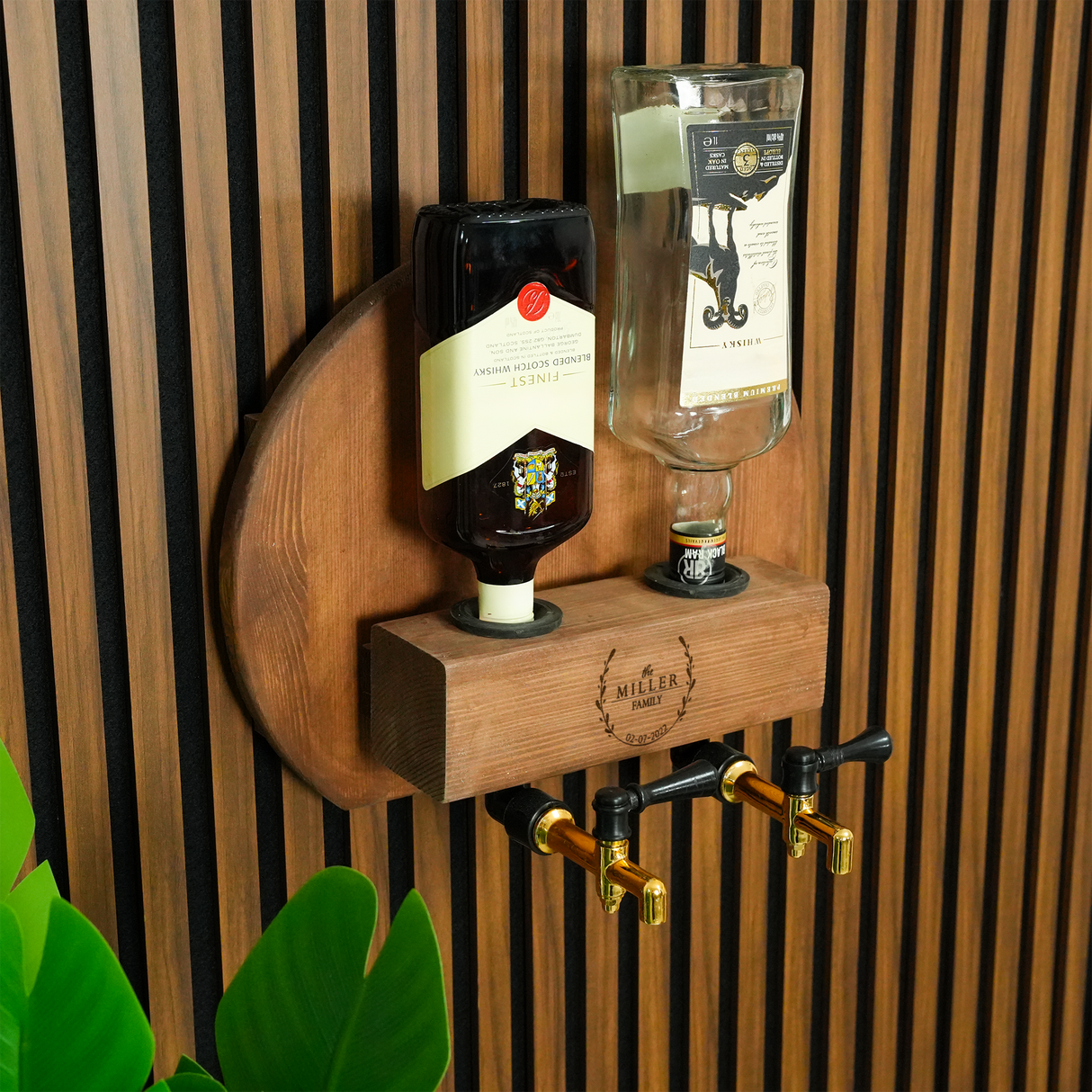 Personalized Bourbon Dispenser with Glasses: Wall Mounted Whiskey Bar Decor