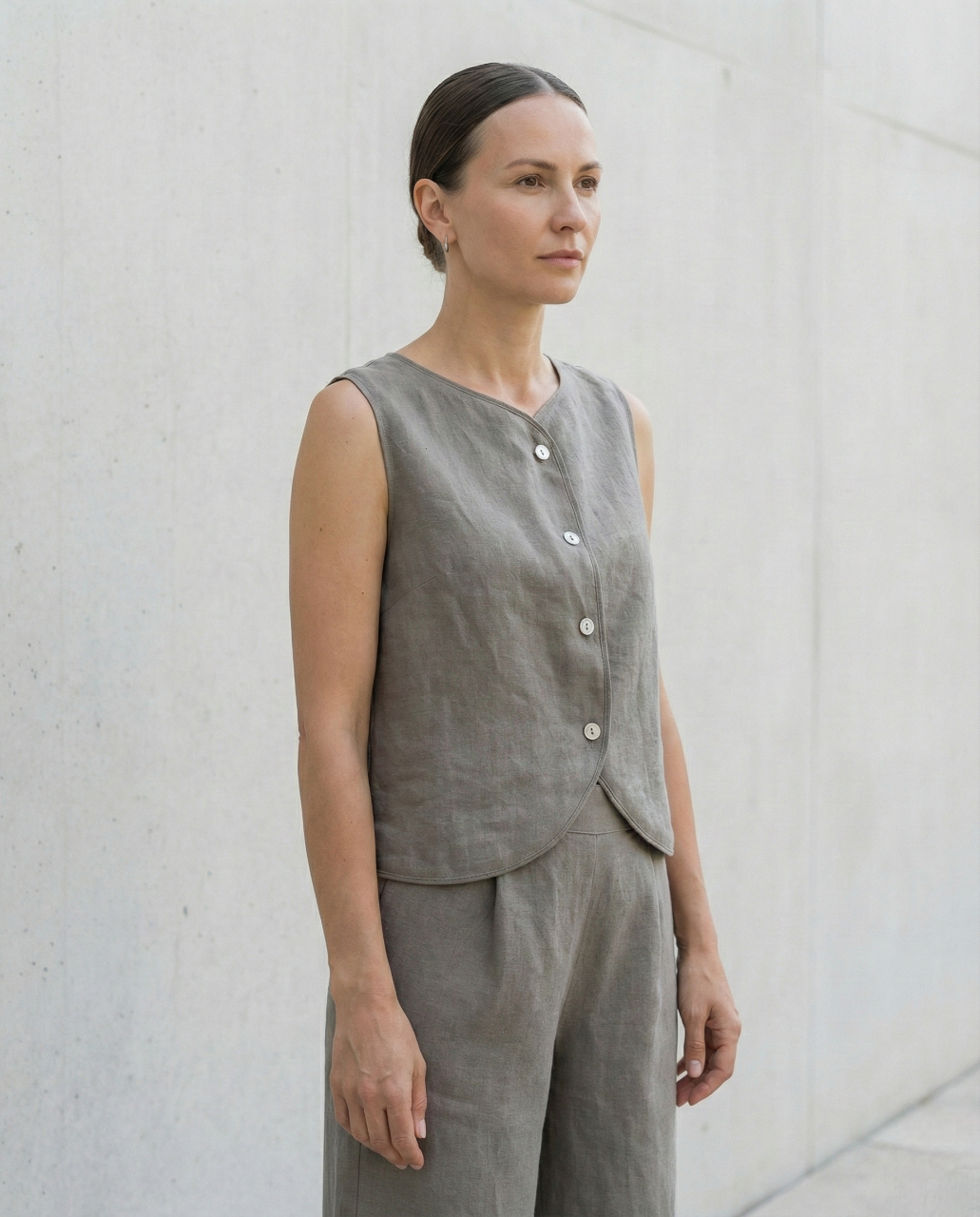 Sleeveless Linen Vest Top with Buttons: Cropped Womens Clothing