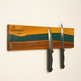 Custom Magnetic Walnut Knife Holder: Rustic Wooden Epoxy Kitchen Stand, Couple Name Engraving