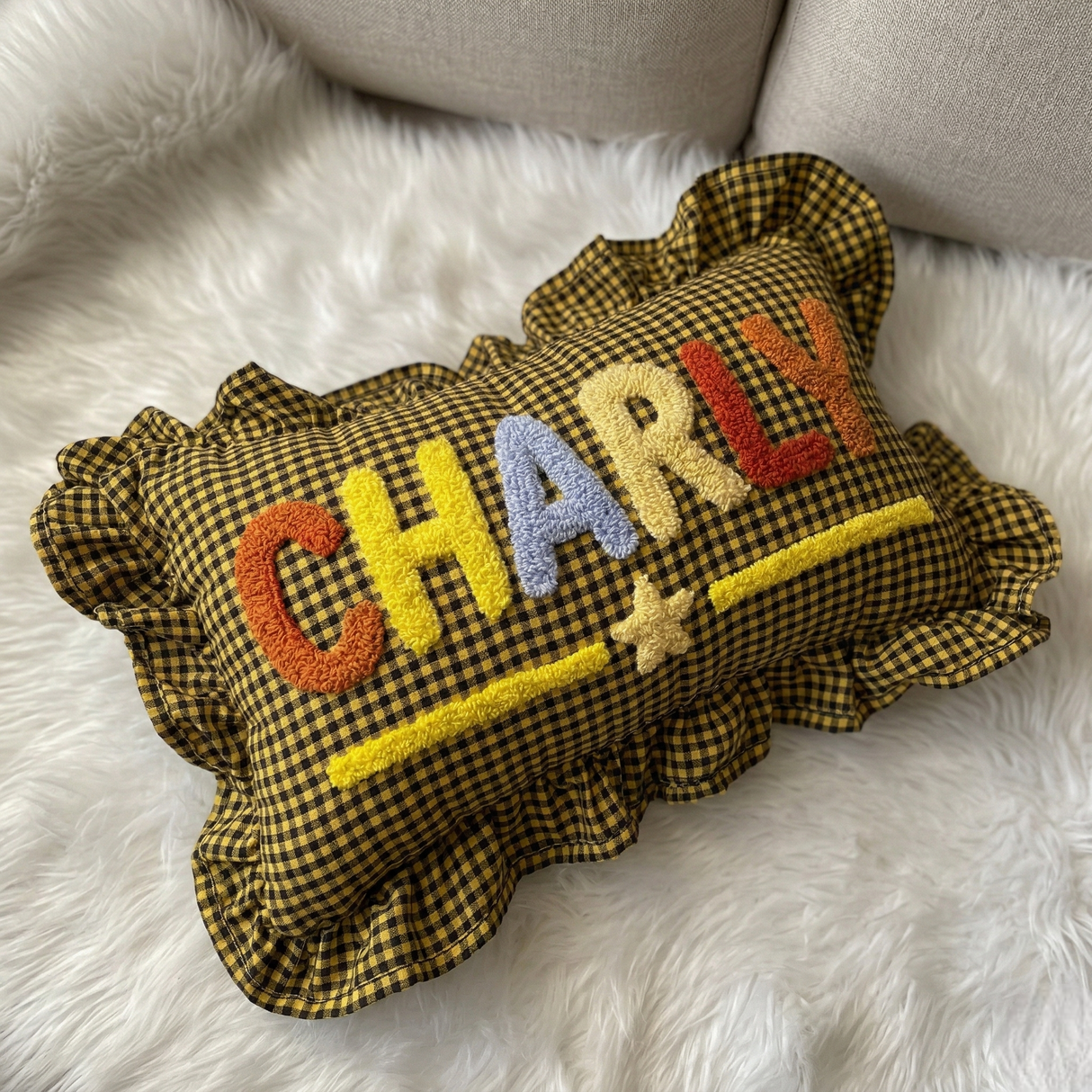 Personalized Gingham Nursery Pillow with Ruffles: Embroidered Name Baby Gift