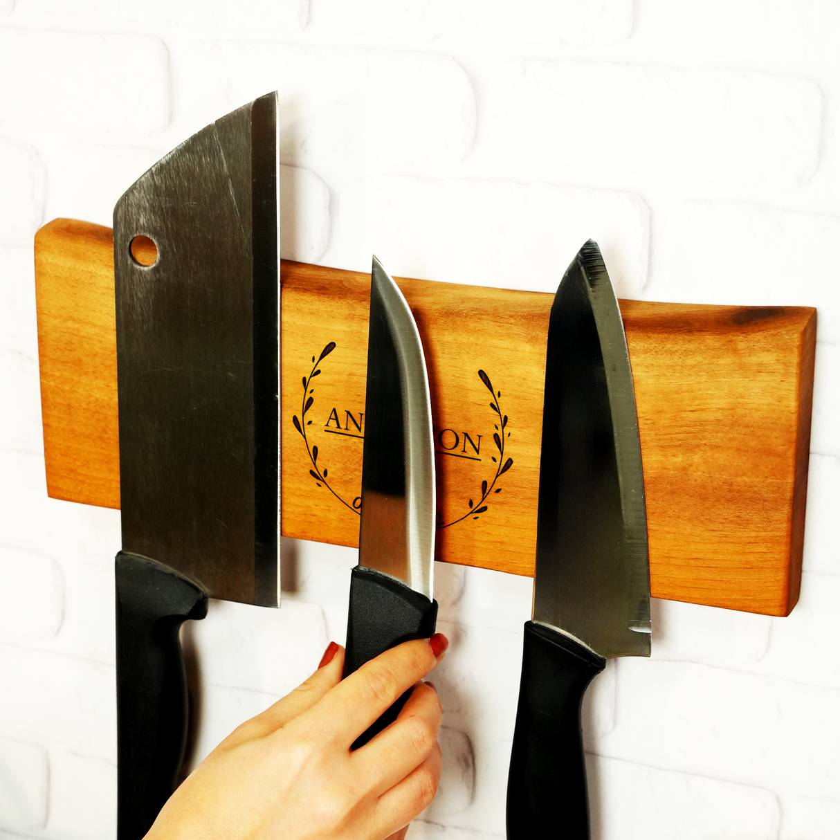 Personalized Walnut Magnetic Knife Holder With Custom Engraving: Wooden Wall Rack, Kitchen Gifts