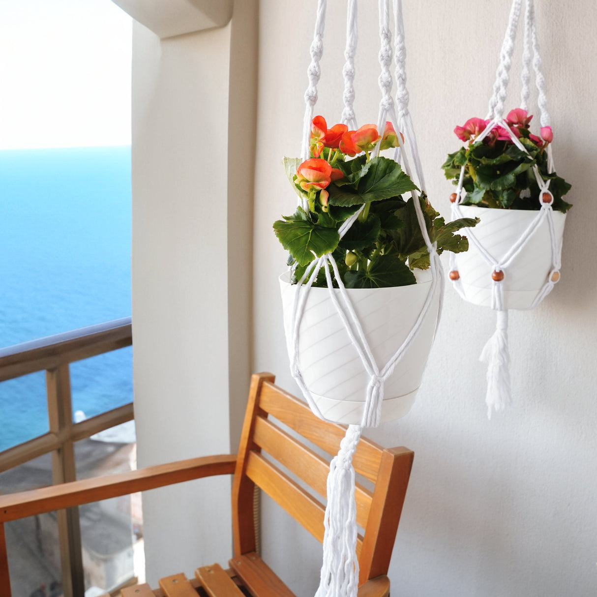a wooden bench with a plant hanging from it