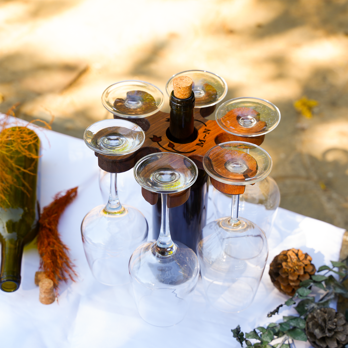 Wooden Wine and Glass Caddy: Personalized Tabletop Bar Accessory, Wedding Wine Gift