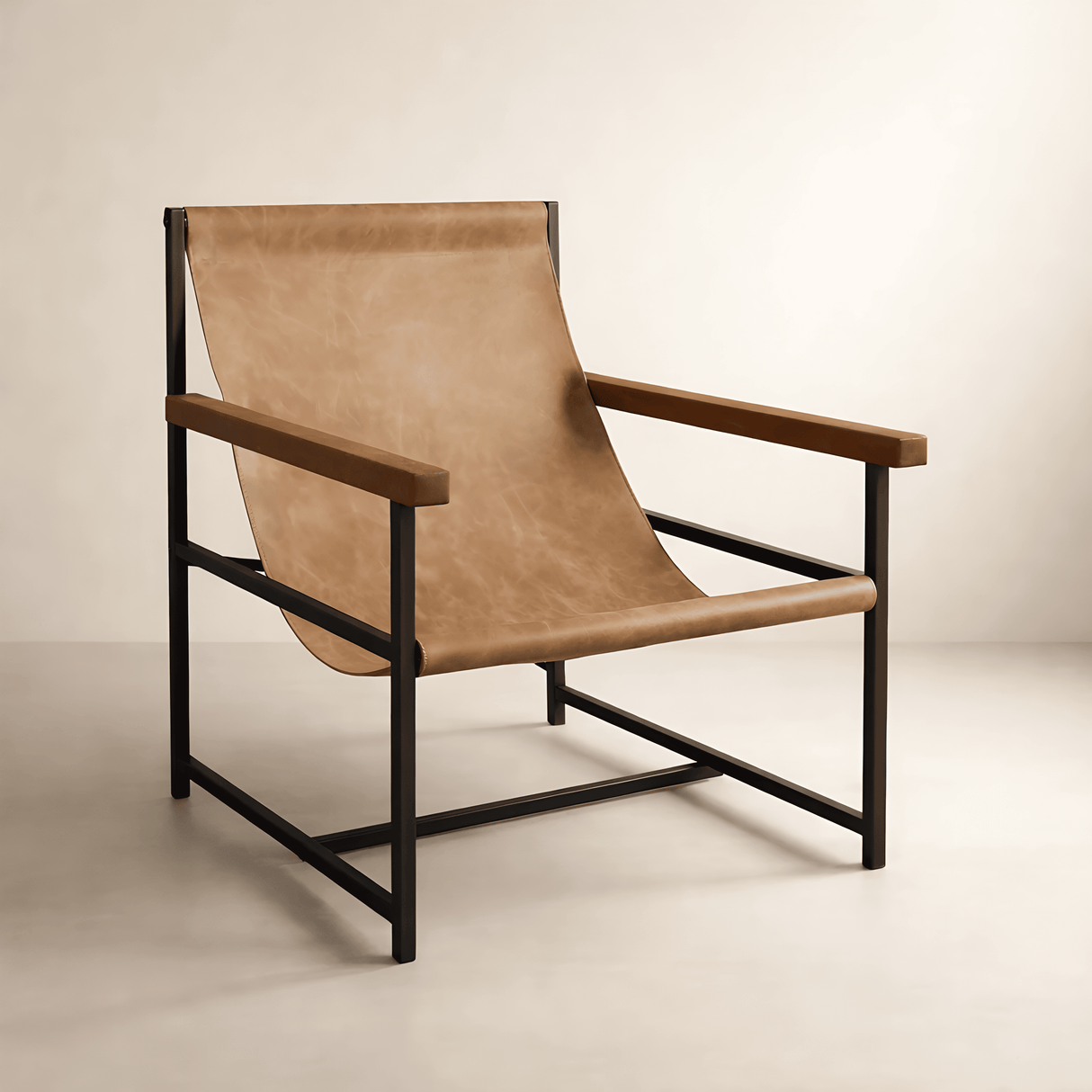 Modern Handmade Leather Sling Chair, Living Room Accent Armchair with Wood Arms
