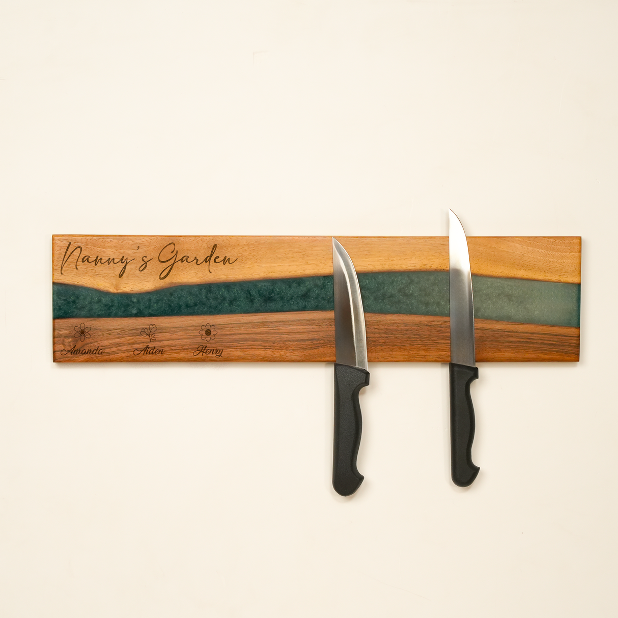 Walnut Epoxy Knife Display Magnetic Board: Grandma’s Garden Personalized Engraving, Kitchen Wall Decor