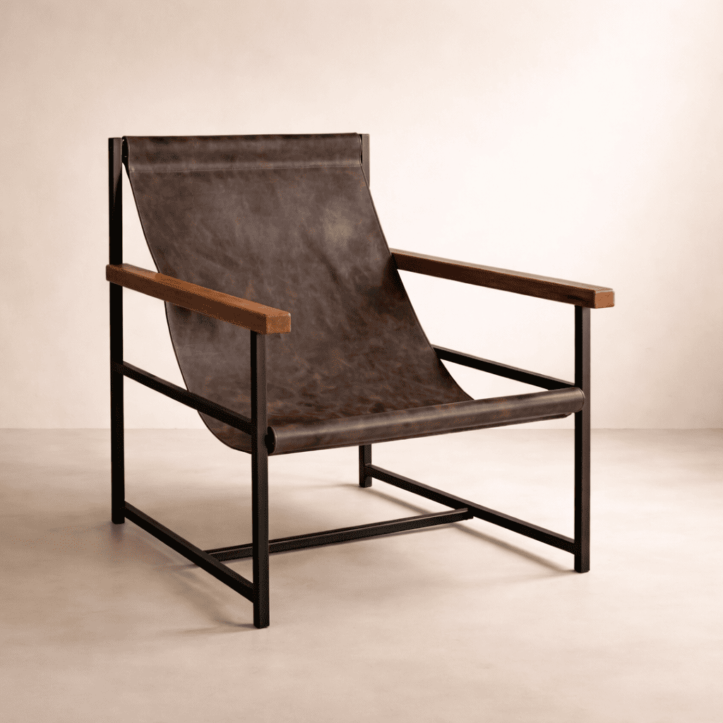 Leather Sling Chair with Wooden Arms, Handmade Lounge Armchair for Reading Nook