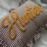 Personalized Gingham Nursery Pillow with Ruffles: Embroidered Name Baby Gift