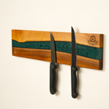 Custom Magnetic Walnut Knife Holder: Rustic Wooden Epoxy Kitchen Stand, Couple Name Engraving