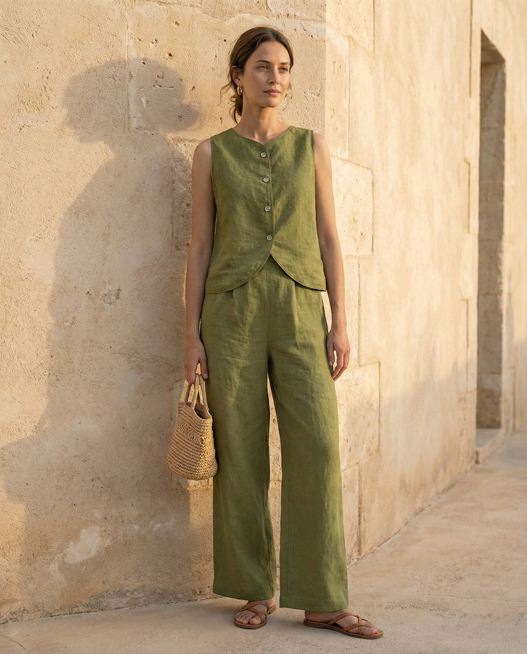 Modern Linen Vest for Women: Sleeveless Button Front Minimalist Top