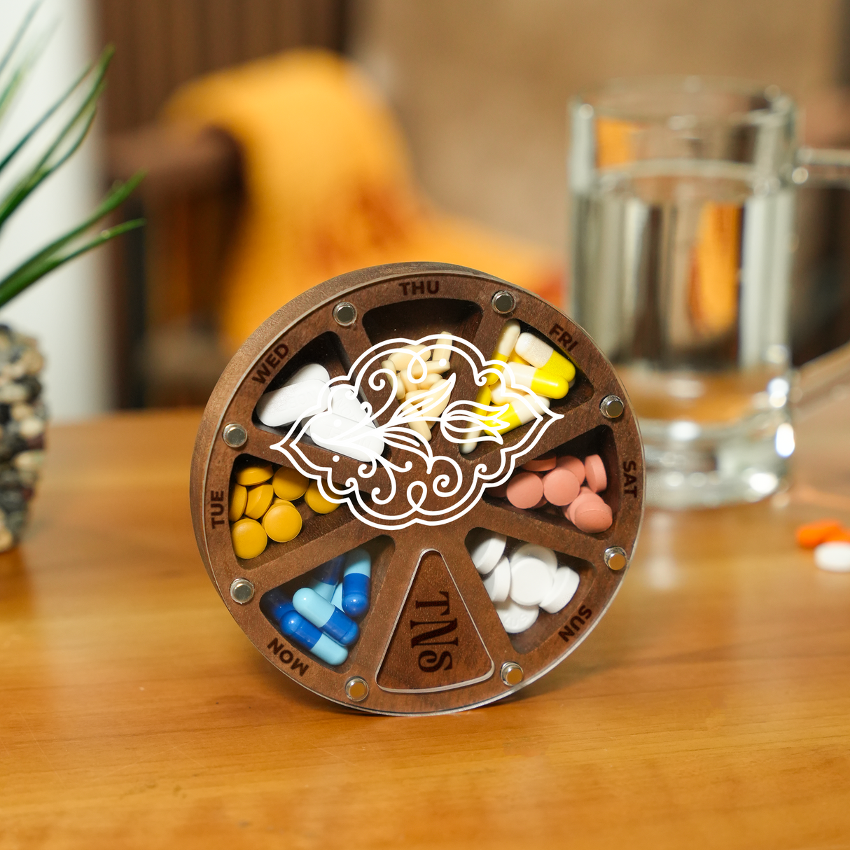 Custom Round Pill Box with Lid: Personalized Weekly Medicine Organizer Gift