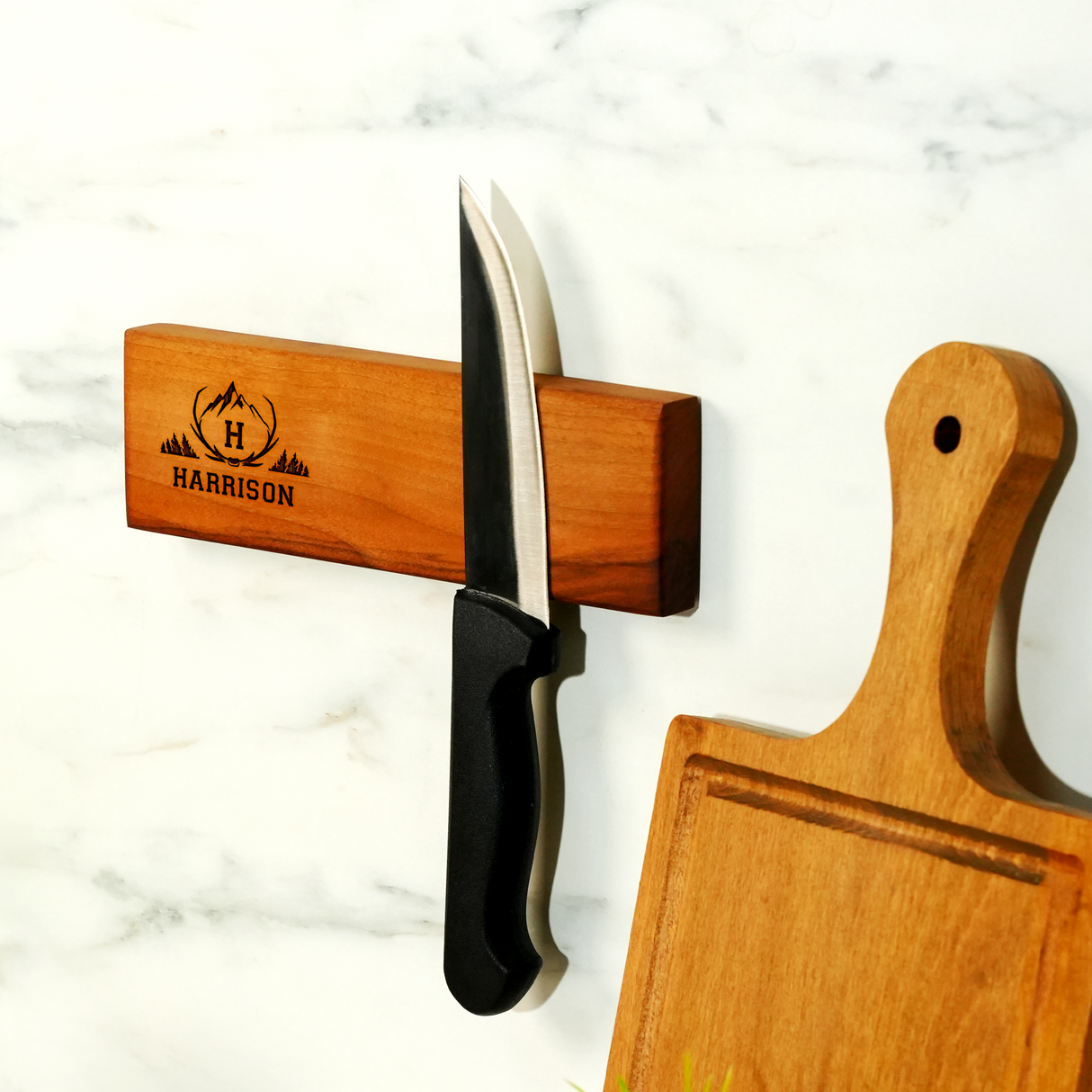 Custom Magnetic Walnut Knife Holder: Rustic Wooden Kitchen Wall Stand, Couple Name Engraving