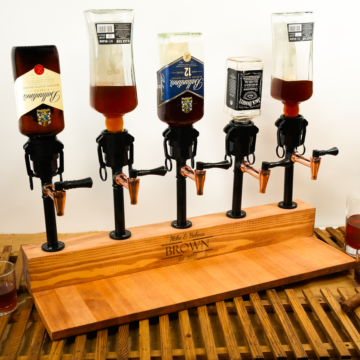 Personalized Double Faucet Whiskey Dispenser: Industrial-Style Liquor Pourers with Bottle Storage