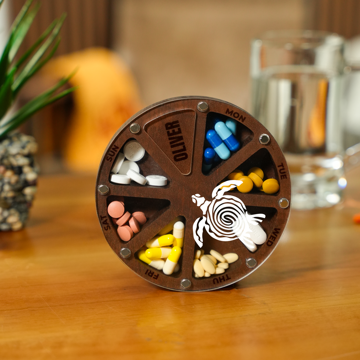 Custom Name Pill Holder with Wooden Lid: Handmade Vitamin Storage for Weekly Use