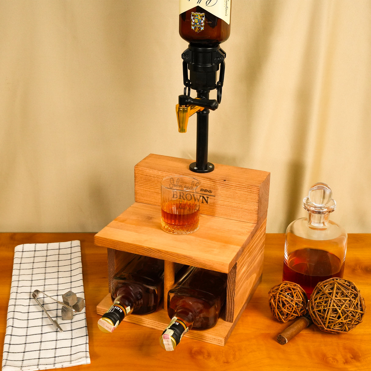 Engraved Wooden Whiskey Dispenser with Glasses: Personalized Liquor Gift
