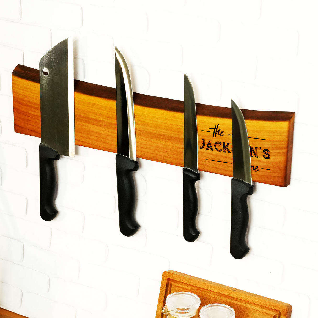 Custom Magnetic Walnut Knife Holder: Rustic Wooden Kitchen Wall Stand, Couple Name Engraving