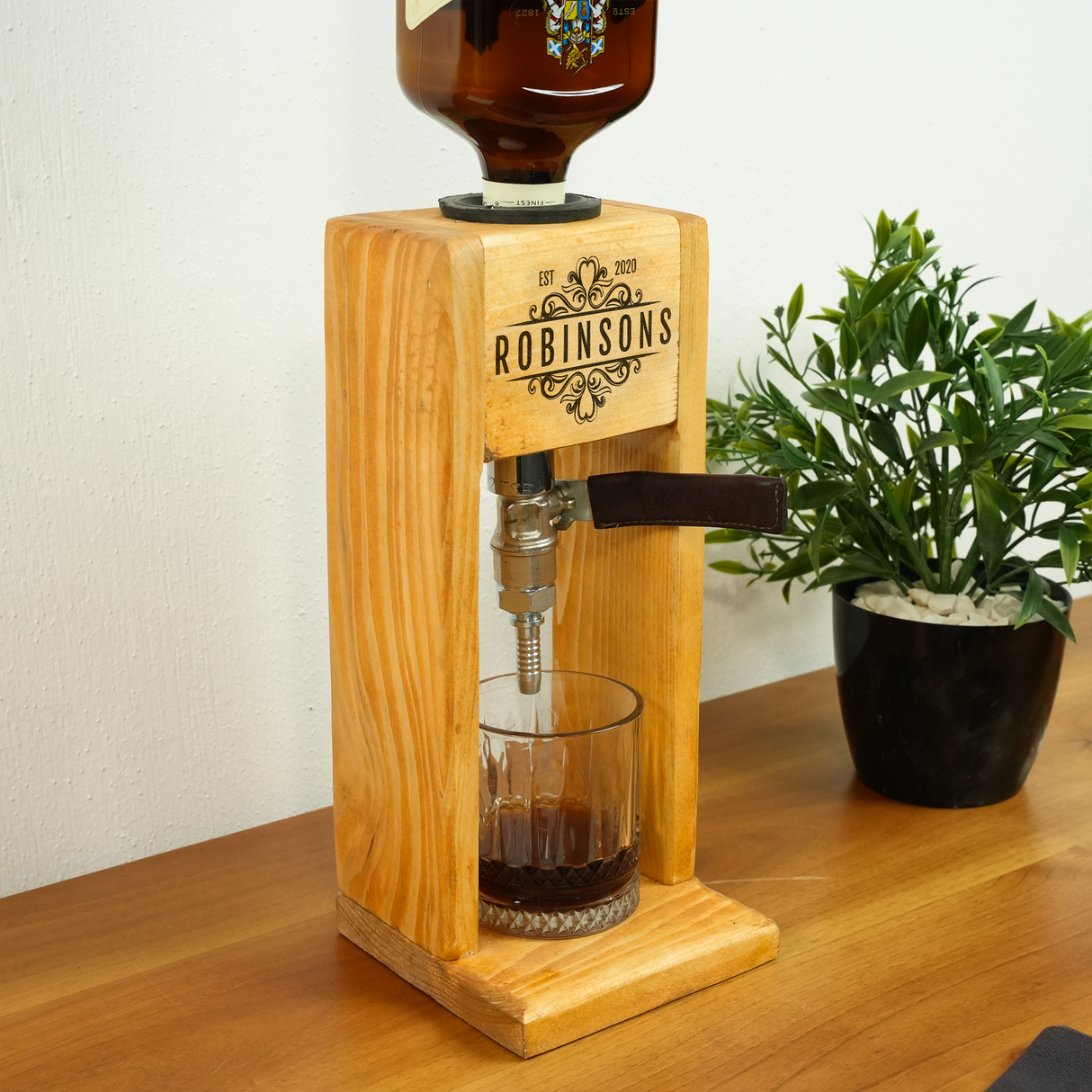 Personalized Wooden Whiskey Dispenser with Leather Tap: Custom Alcohol Bar Decor