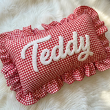 Personalized Gingham Nursery Pillow with Ruffles: Embroidered Name Baby Gift