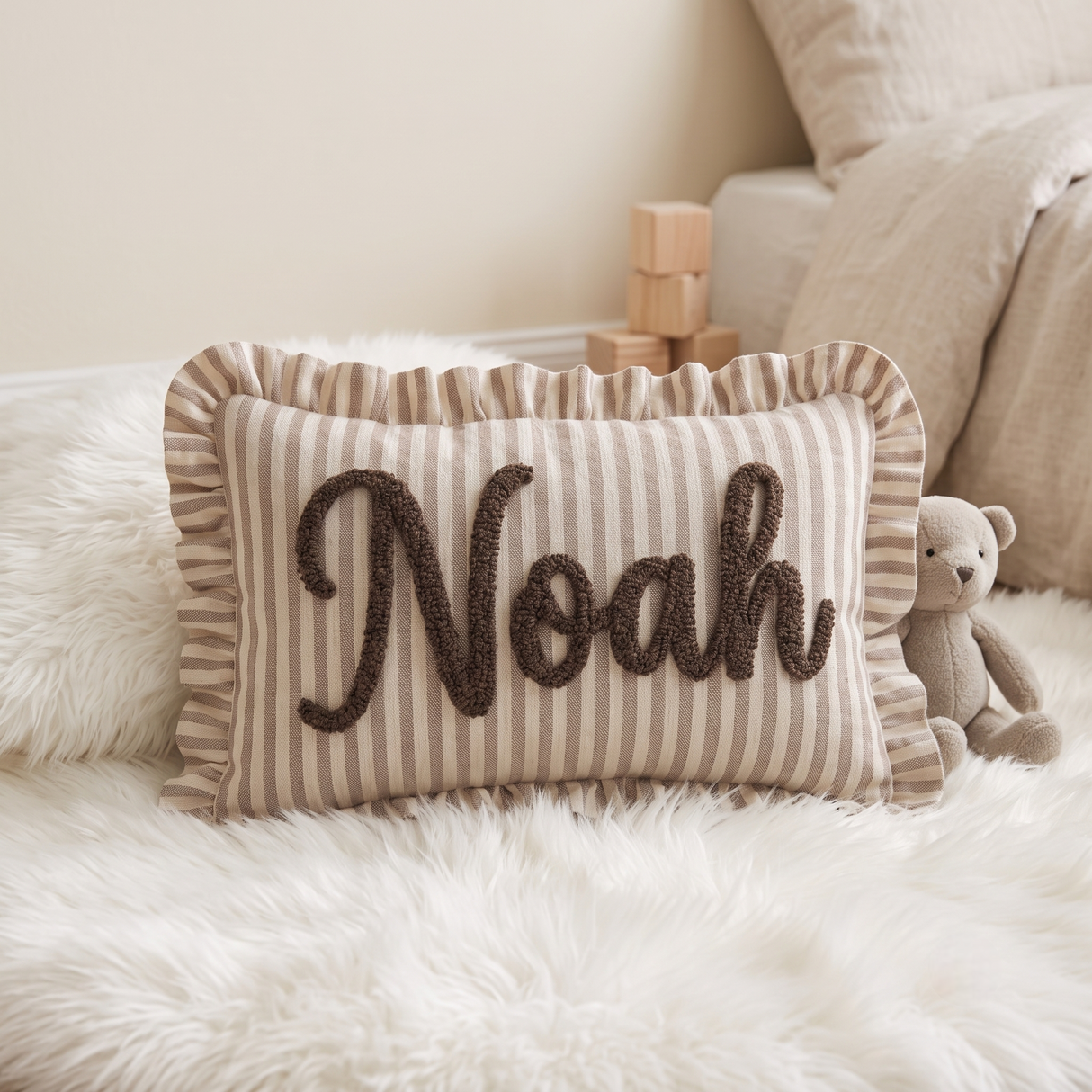 Striped Ruffle Custom Name Pillow, Personalized Nursery Cushion, Baby Newborn Gift