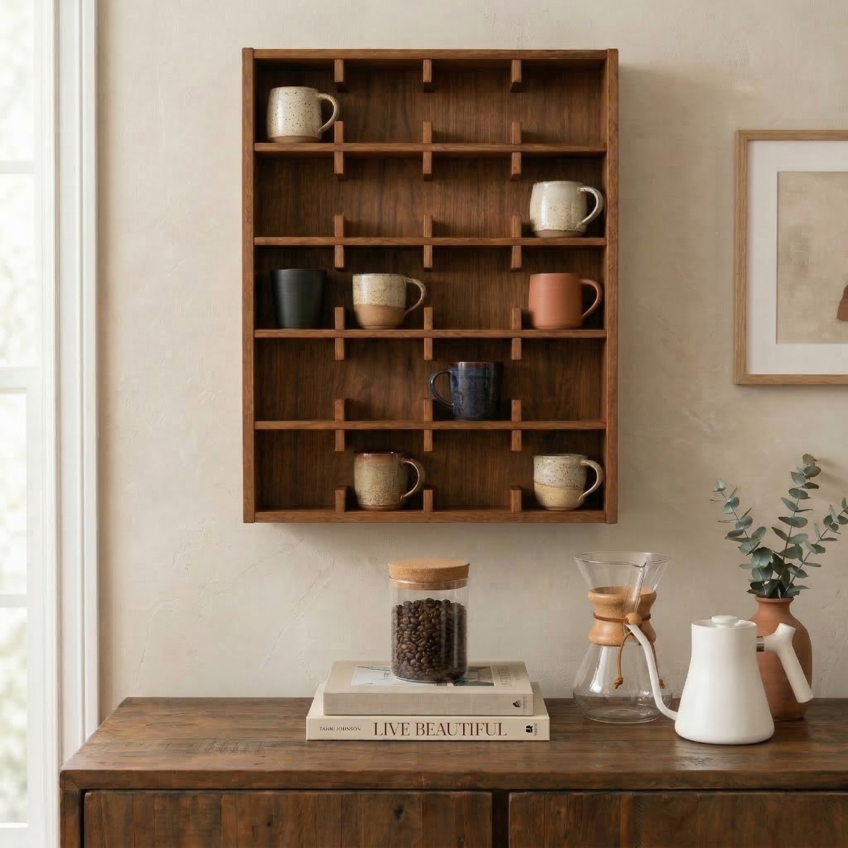 Coffee Mug Rack Wall Shelf: Wooden Cup Holder for Kitchen Coffee Station
