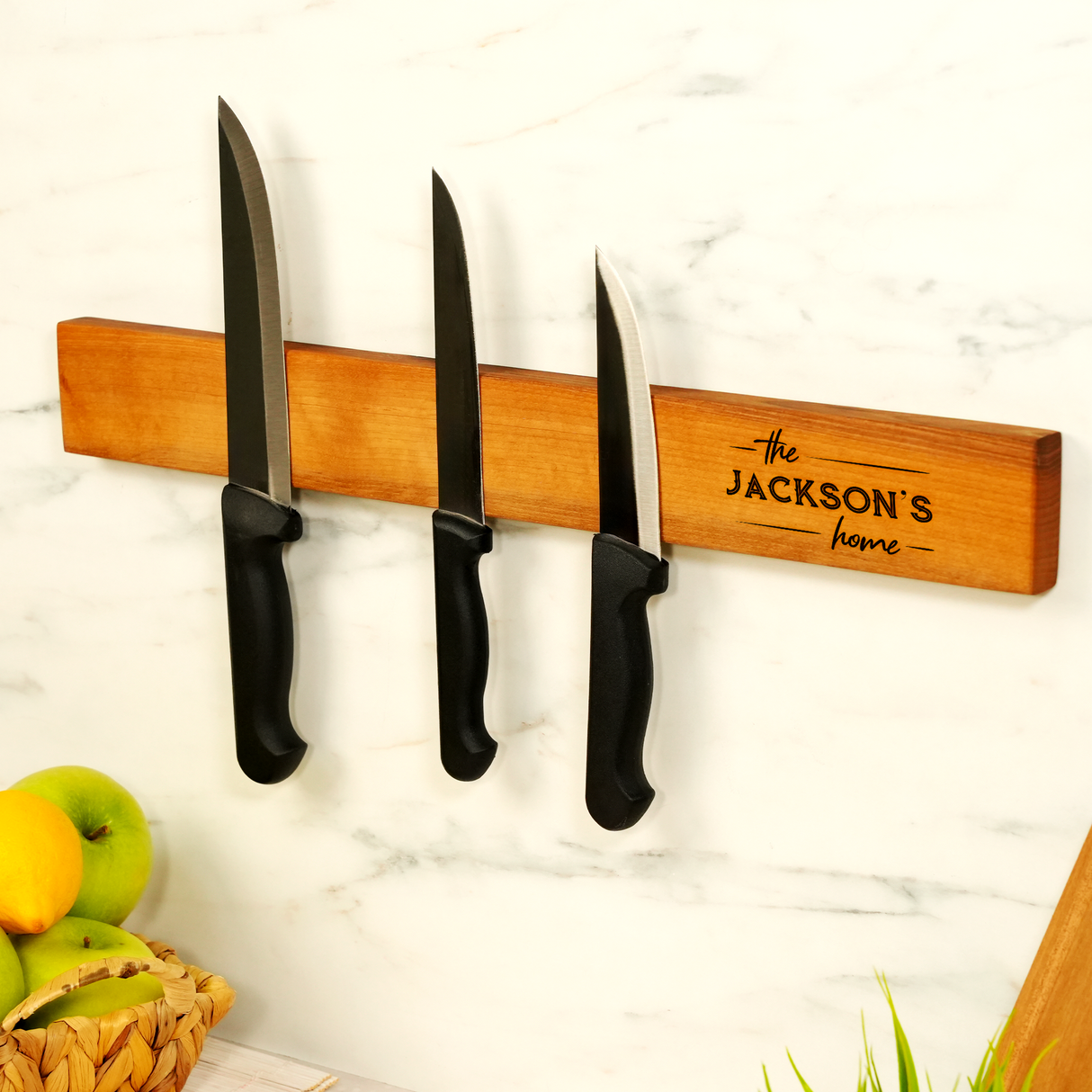 Custom Magnetic Walnut Knife Holder: Rustic Wooden Kitchen Wall Stand, Couple Name Engraving