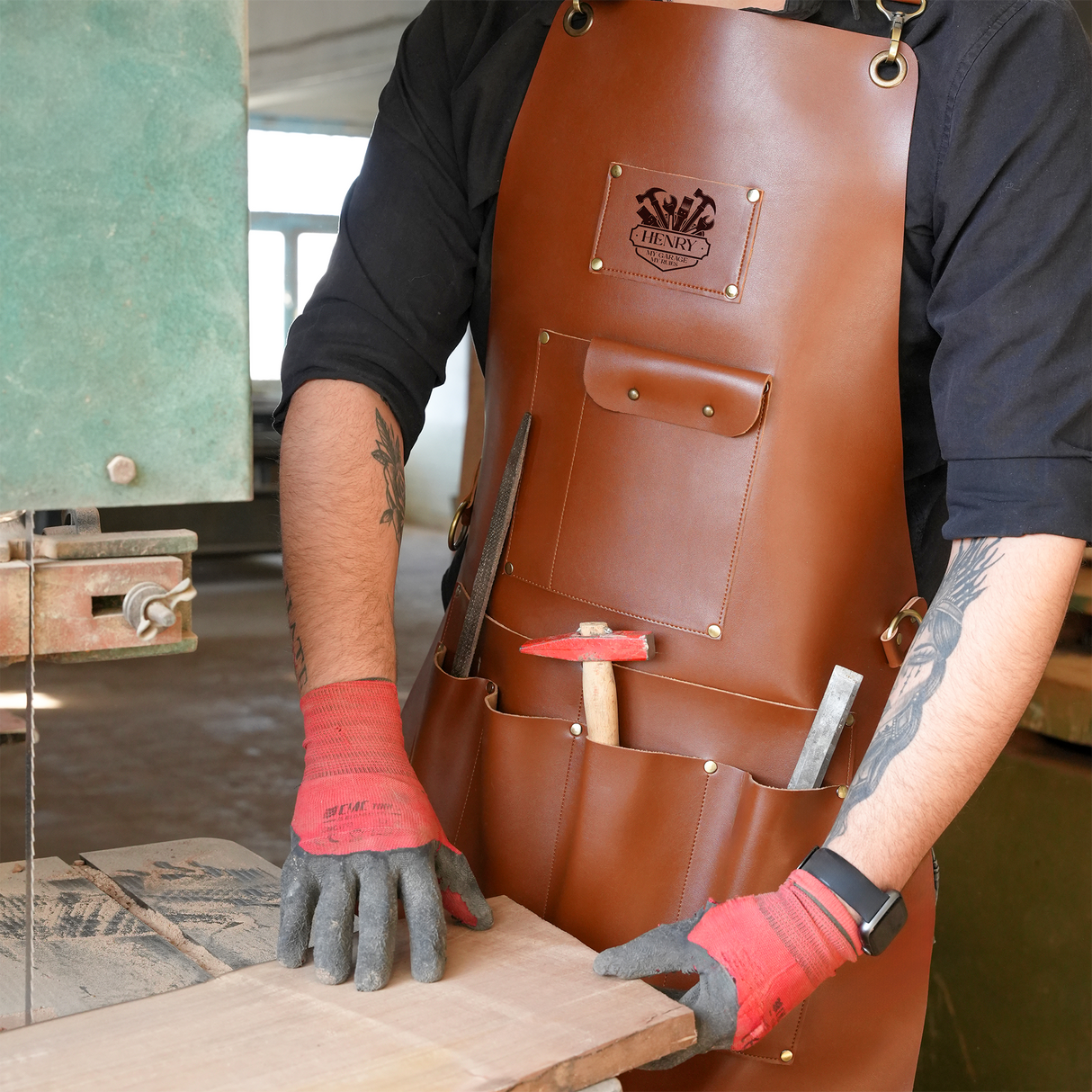 Mechanic Gift Custom Name Leather Apron with Pockets, Personalized Wood Workshop Apron, Apron for Men, Anniversary Gift, Fathers Day Gift